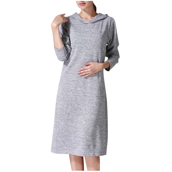 Bwiyojiz Sizes S-XL Maternity Dresses Women's Loose and Fashionable Hooded Solid Color Casual Pregnant Long Sleeved Dress Summer Clothes for Women Clothes, Gifts Mom