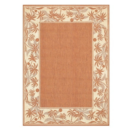 Couristan Recife Island Retreat Area Rug  7 6  x 10 9   Terracotta-Natural Place the Couristan Recife Island Retreat Indoor/Outdoor Rug with its palm tree border on your patio and make a tropical oasis. Power-loomed of 100% fiber-enhanced Courtron polypropylene  this all-weather  pet-friendly  mold and mildew resistant area rug collection features a durable structured  flatwoven construction  which allows it to be suitable for indoor and outdoor use. The naturally inspired color palette offered in this versatile collection features a series of unique combinations of natural hues that have been selected to complement today s hottest outdoor home furnishings. Hosting a wide range of sizes including runners and special shapes in the form of rounds and squares  the Recife Collection has been designed to offer the perfect outdoor floorcovering solution for the home.