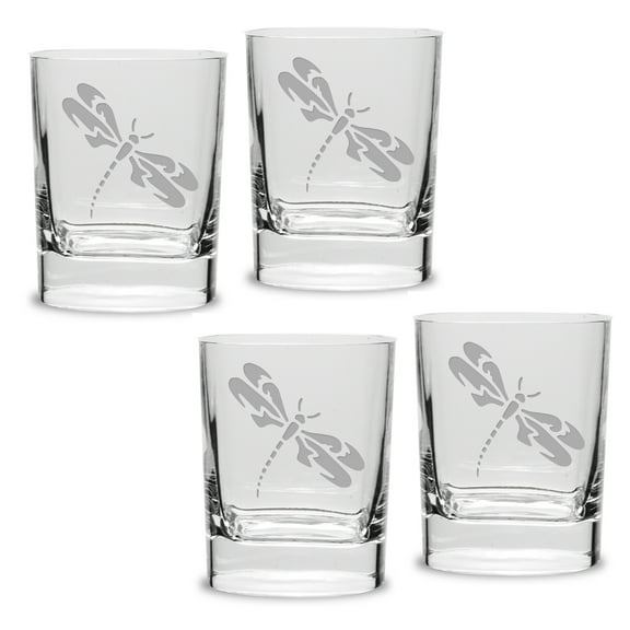 Dragonfly Deep Etched Luigi Bormioli 11.75 oz Square Round Double Old Fashion Glass Set of 4