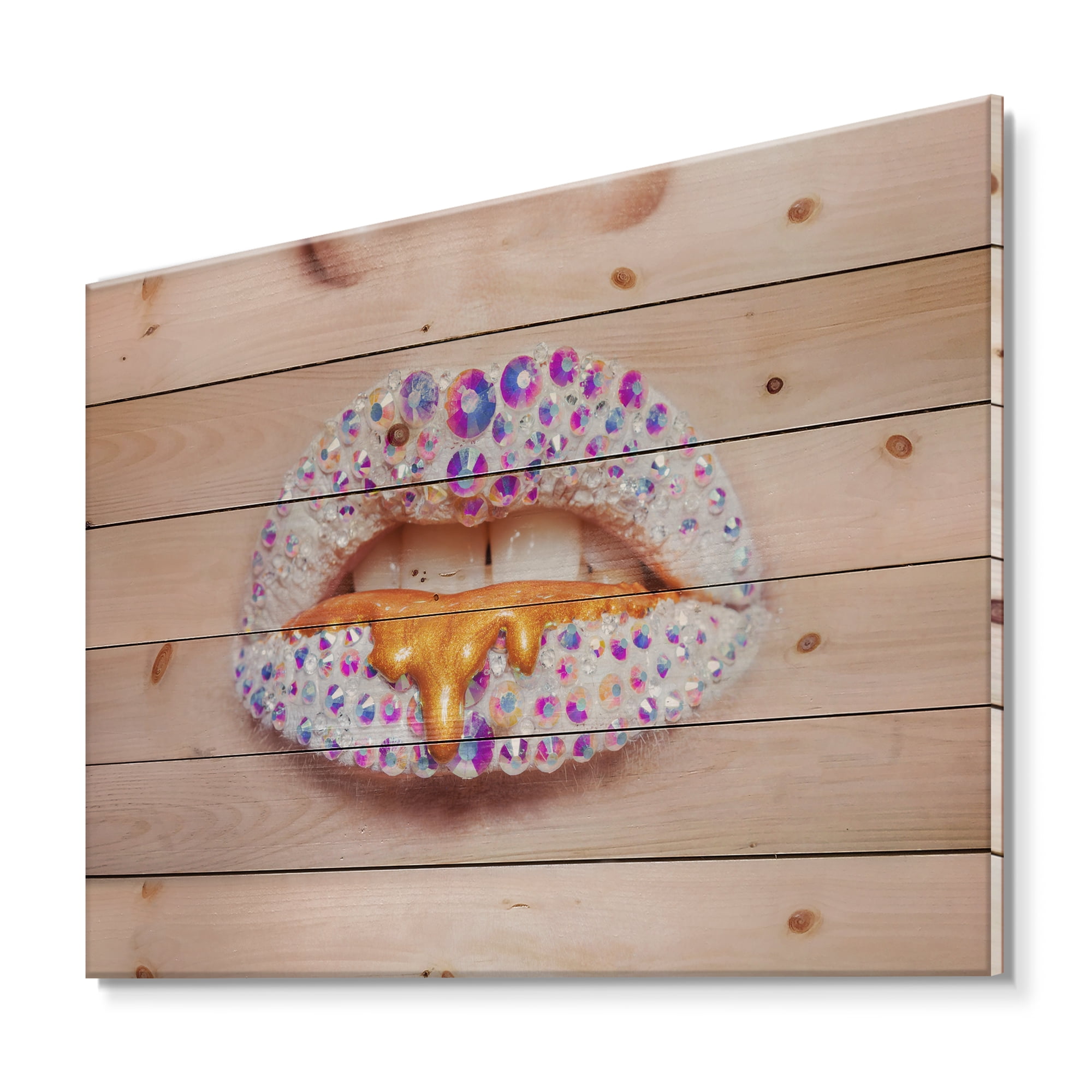 Designart 'Shining Woman Lips Covered With Rhinestones and Smudges' Modern Print on Natural Pine Wood