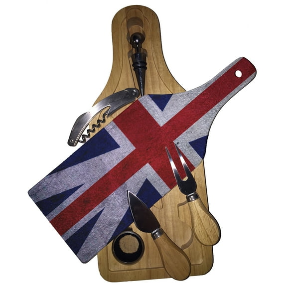 KuzmarK Wine & Cheese Glass Cutting Board Wood Box Gift Set - Union Jack