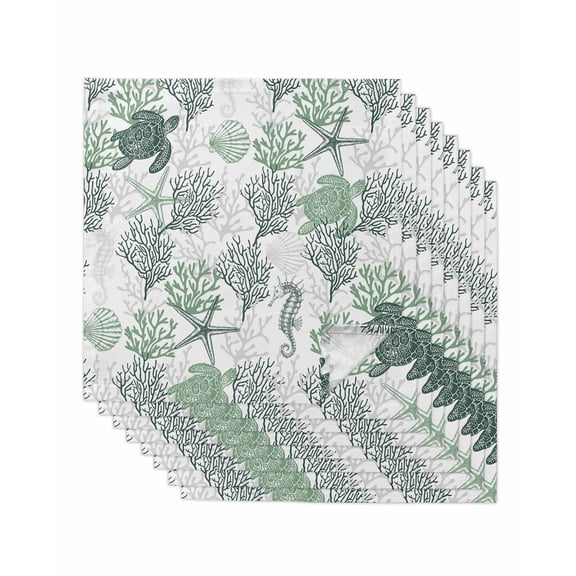 nqOlkjepod Sage Green Coastal Cloth Napkins Set of 8 Reusable Dinner Napkins, Sea Turtle Nautical Coral Summer Beach Cocktail Napkin Washable Table Napkins for Wedding/Party/Baby Shower 20"x20"