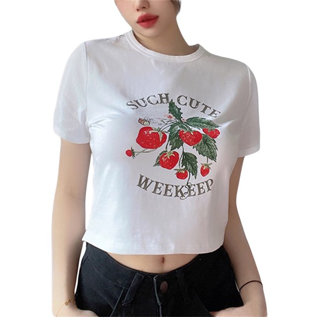 Camiseta corta de manga corta para mujer VISgogo, camiseta de cuello redondo con estampado de letras de fresa, camisetas cortas informales de estilo Simple VISgogo moda