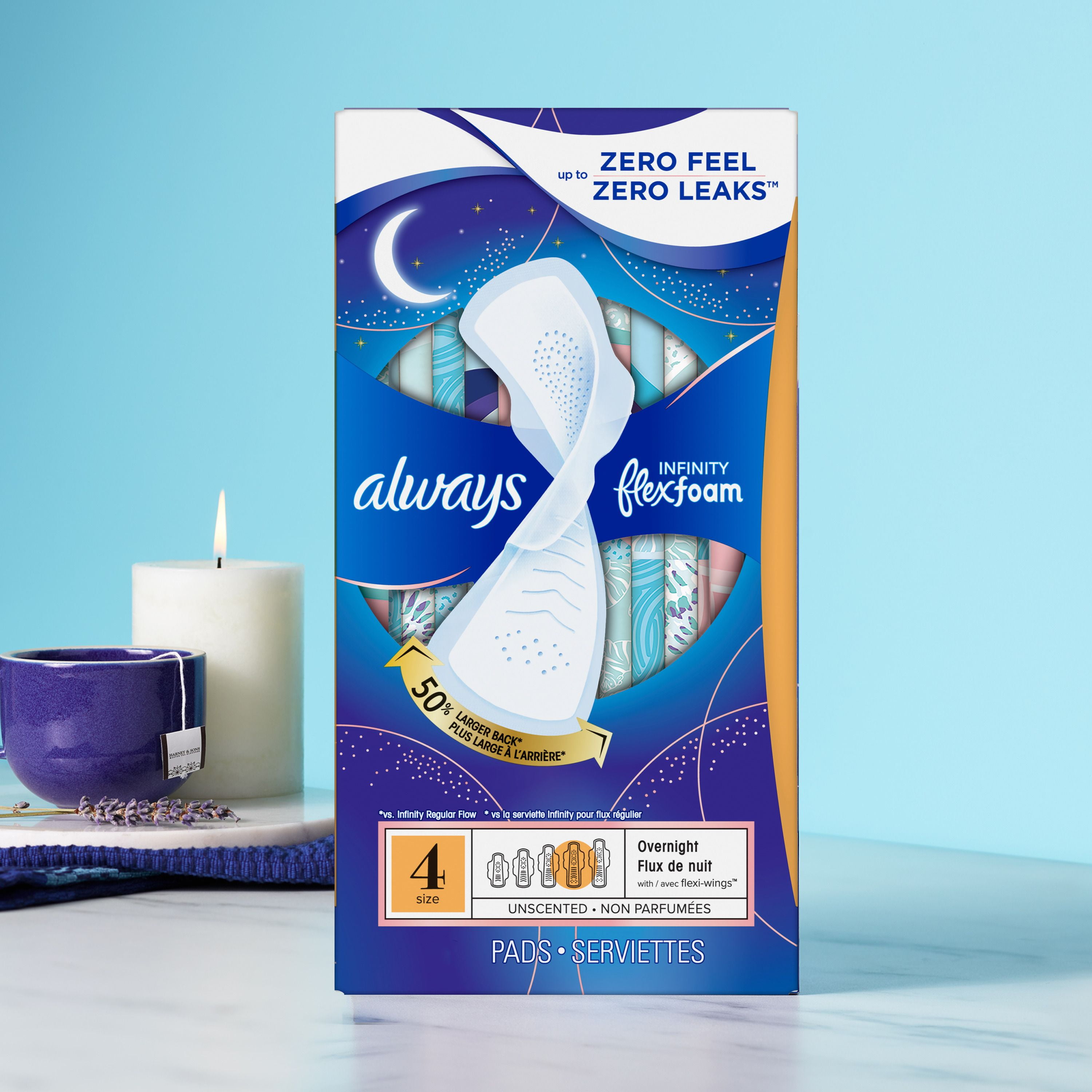 Serviettes féminines Always Infini pour femmes, serviettes avec ailes Flexfoam, taille5, degré d’absorption de nuit, flux très abondant, non parfumées, 11serviettes 11CT