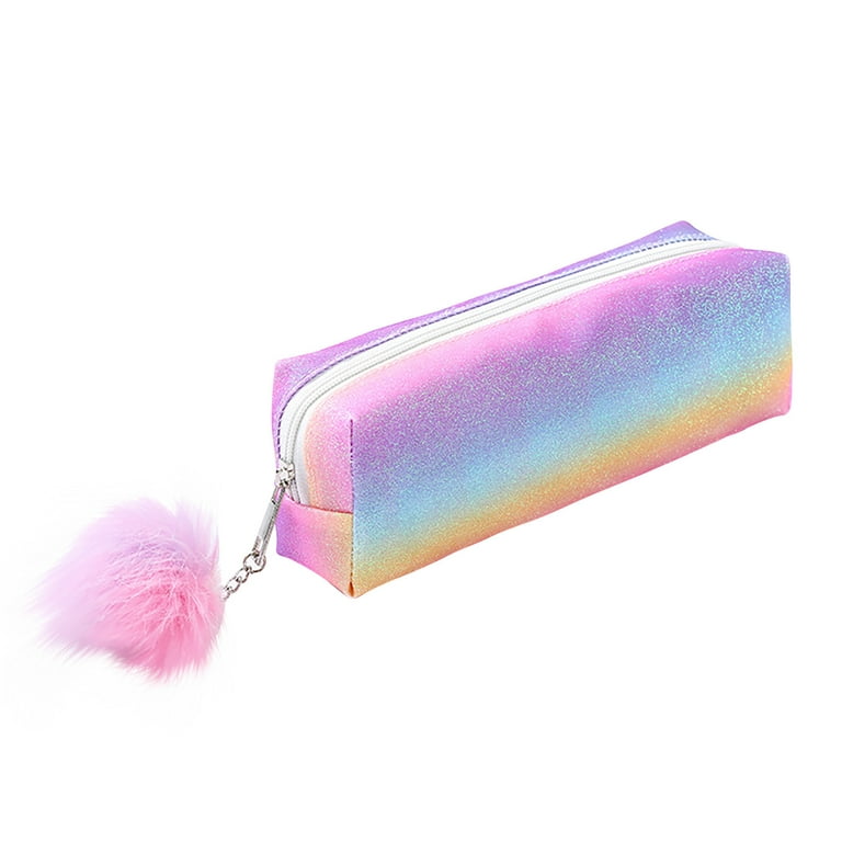 Jeashchat Cute Rainbow Glitter Pencil Case for Girls Kids, Clearance, Rainbow Stripe Shiny Zipper Pencil Box with Plush Ball Pendant for Students