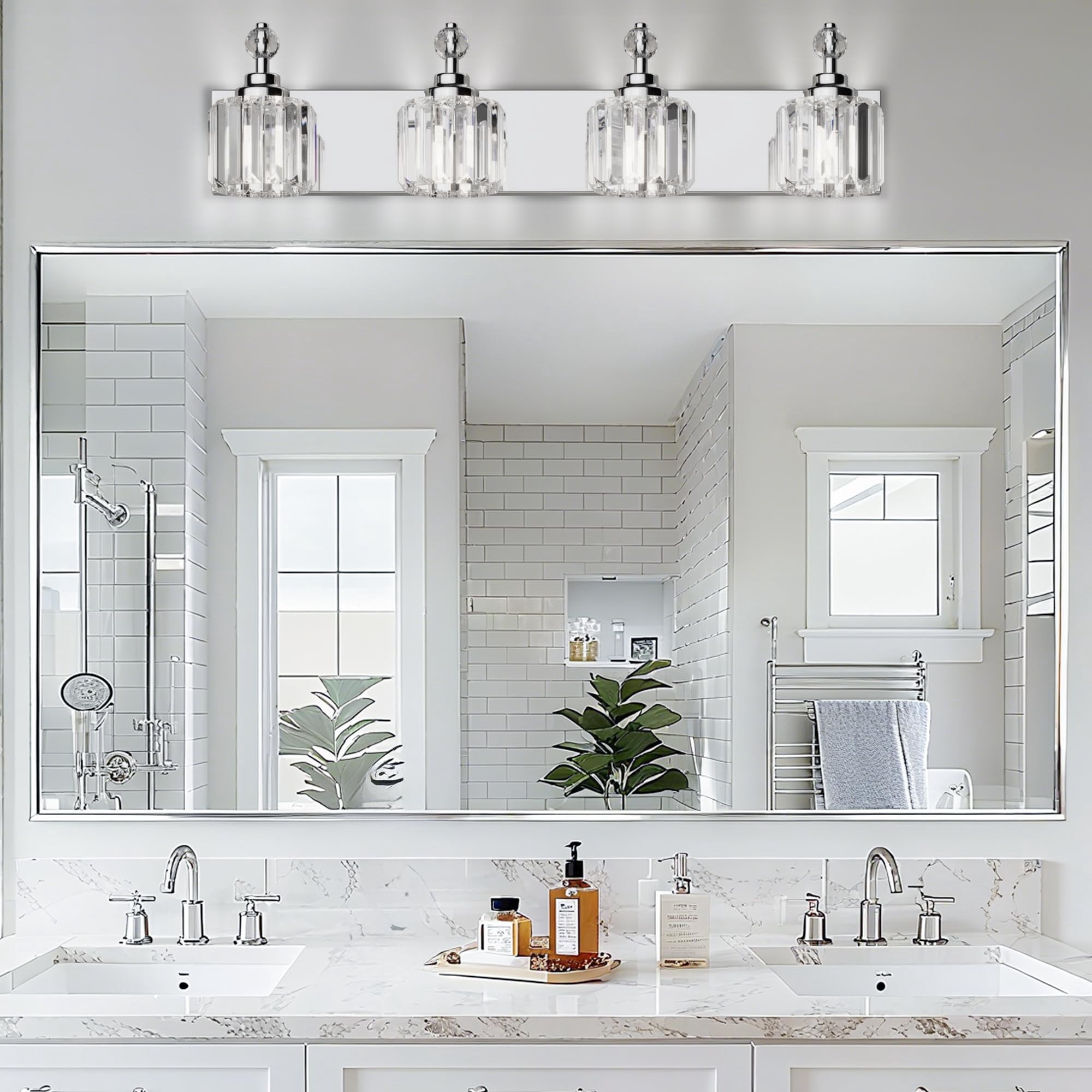 4 Light Crystal Bathroom Vanity Light Chrome Wall Light Fixture Modern Vanity Lighting Over Mirror E12-Base
