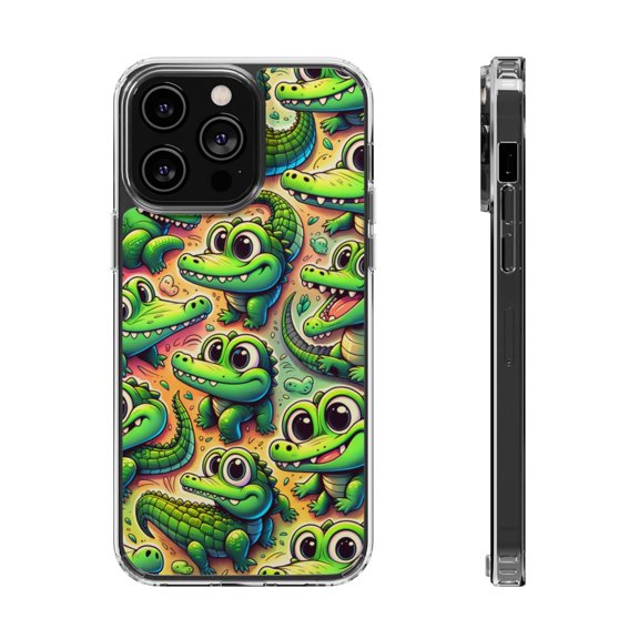 DistinctInk Hybrid (Acrylic / TPU) Clear Slim Fit Case for Apple iPhone 12 Pro MAX (6.7" Screen) - "Whimsical Alligator Paradise: Playful, Colorful Pattern"