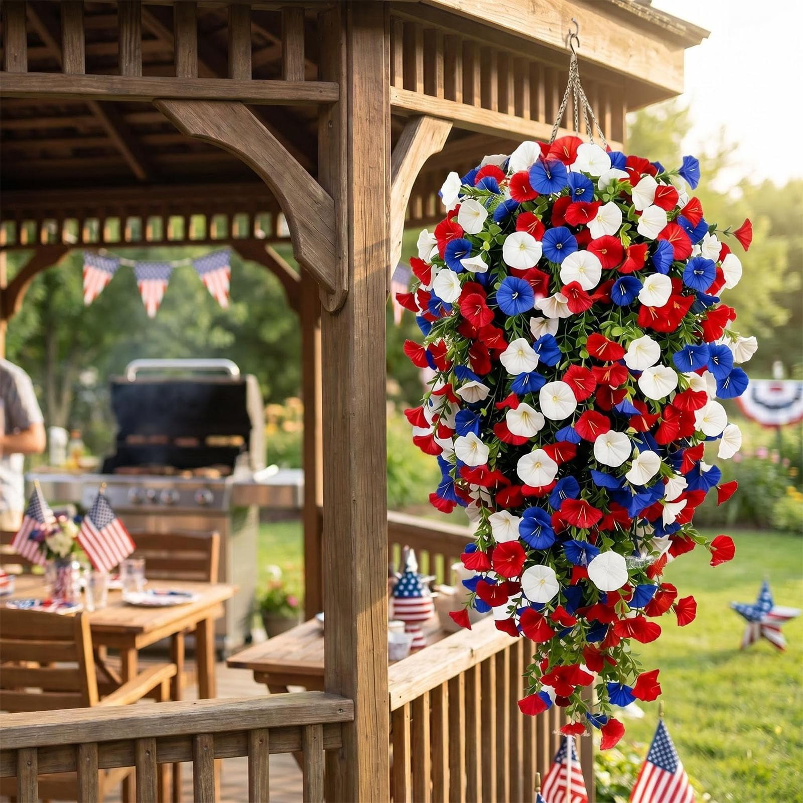 Red White and Blue Hanging Flowers, Patriotic Hanging Flower Baskets – Artificial Plants for Anniversary Porch Decor, Veterans Memorial Day Patio Home