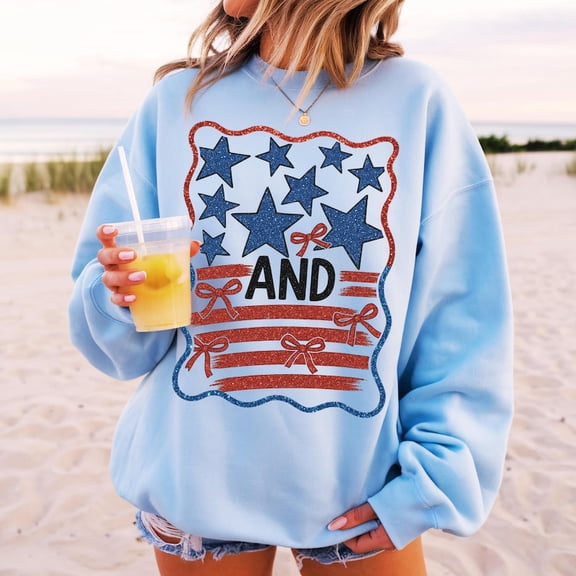 Glitter Bow 4th of July Sweatshirt, Coquette Stars and Stripes Pullover, Sparkly Red White Blue USA Shirt BTO