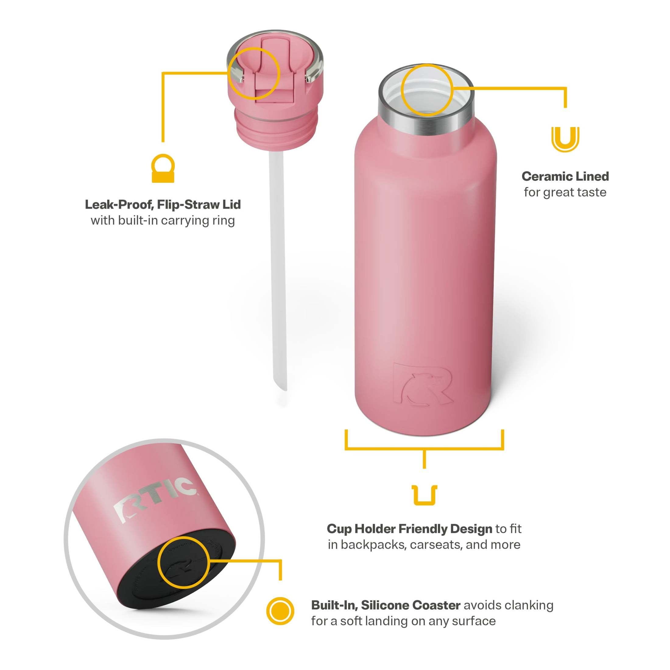 RTIC 16 oz Ceramic Lined Insulated Journey Water Bottle, Leak-Proof Lid, Dusty Rose