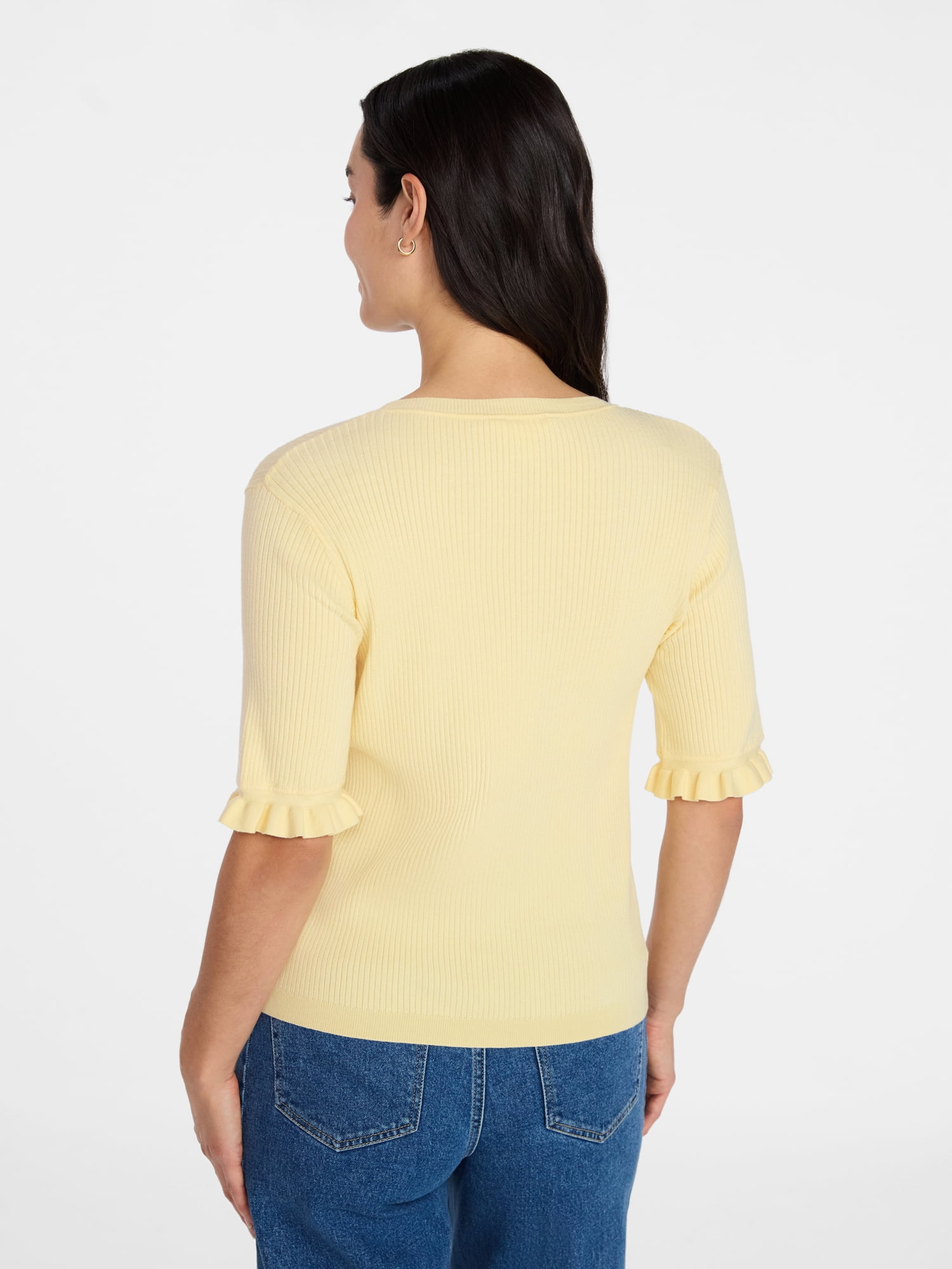 Time and Tru Women's Ribbed Sweater with Flounce Sleeves, Midweight, Sizes XS-XXXL