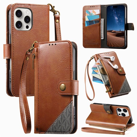 For iPhone 15 Pro Max Flip Phone Case,With Wrist Strap,Zipper Pocket,Card Slots,Flip Folding Kickstand,Anti-Scratch Splicing PU Leather,Shockproof Anti-fall Drop Protection Phone Case,Brown