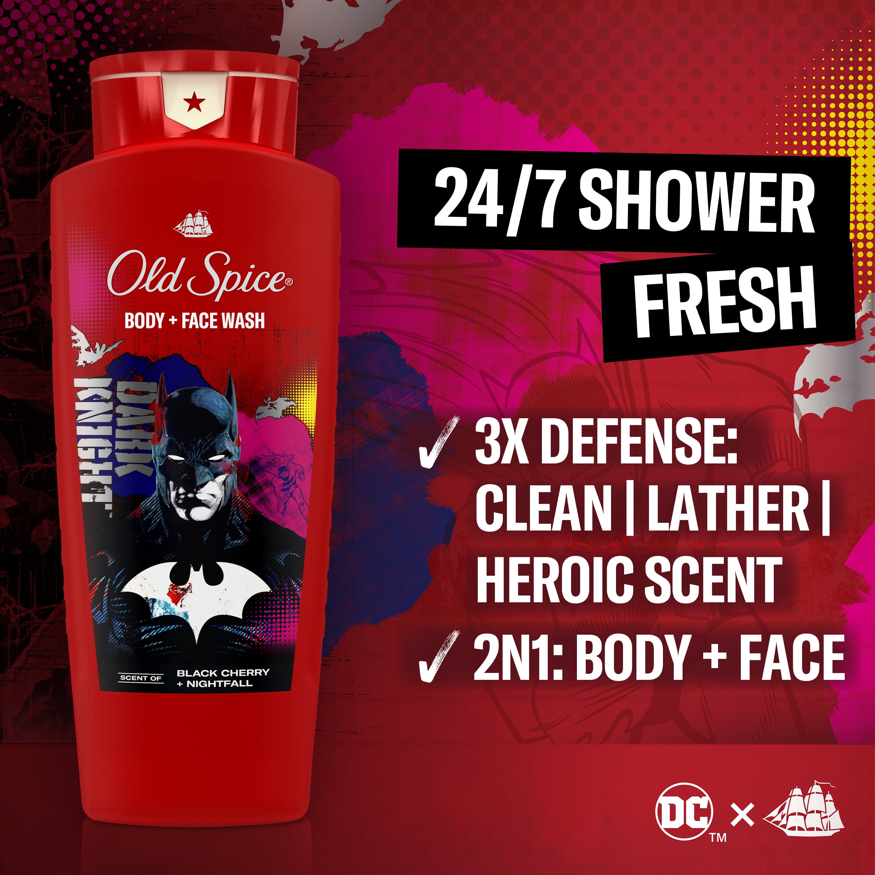 (4 pack) Old Spice Cleansing Body Wash for Men, 24/7 Shower Fresh, 2 in 1 Body and Face Wash, Rich Lather, Batman, Black Cherry and Nightfall Scent, 24oz