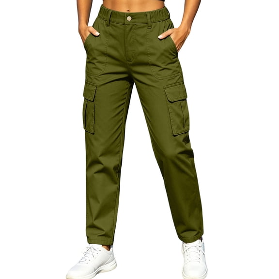 Women's Straight Leg Cargo Pants, Button Zip Waist, Multi Cargo Pockets, Relaxed Fit