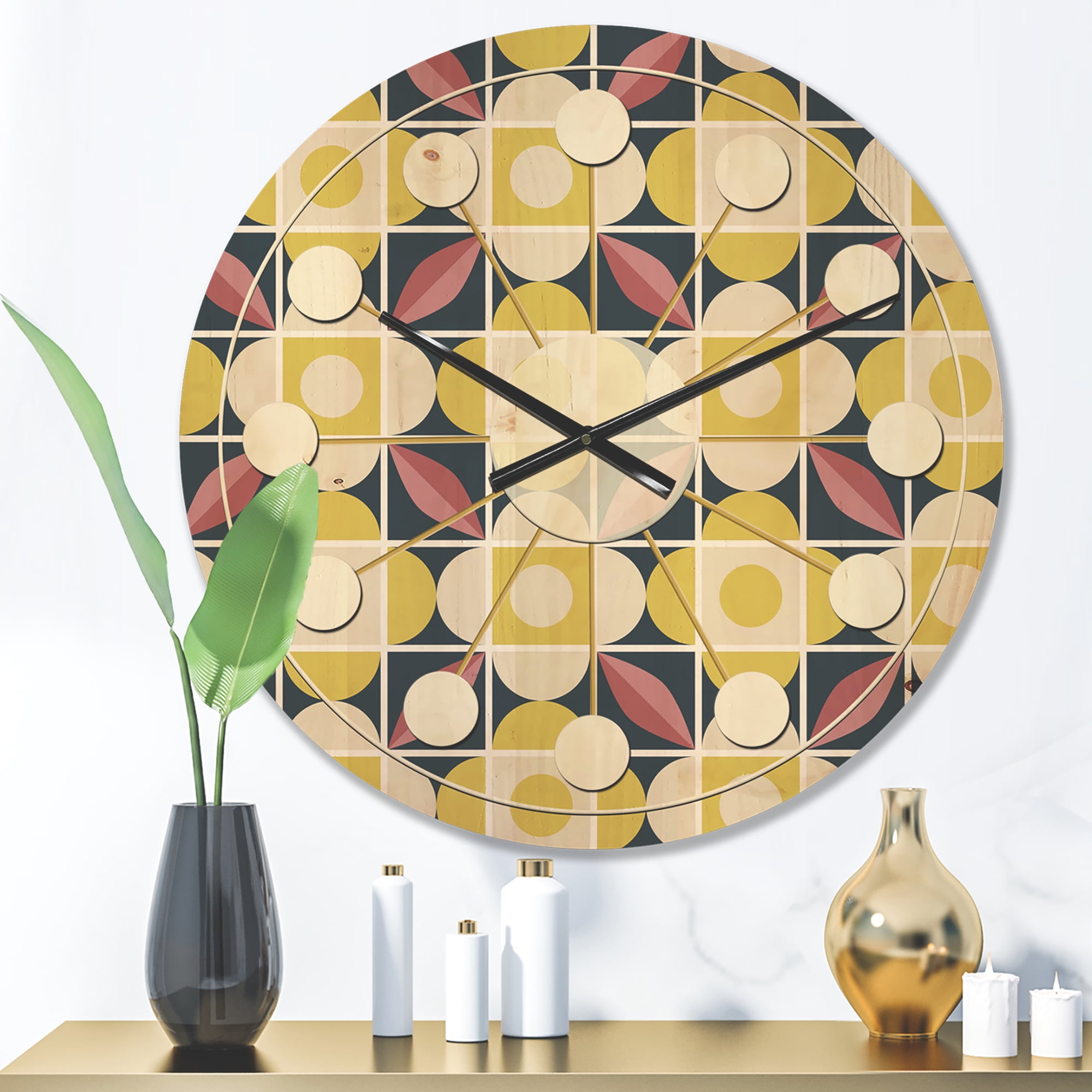 Designart 'Retro Pattern With mosaic style' Mid-Century Modern Wood Wall Clock