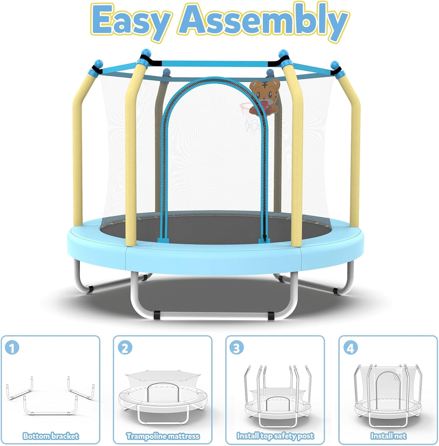 55" Trampoline for Kids, Mini Toddler Trampolines Indoor with Basketball Hoop & Safety Enclosure Net, No-Gap Safe Design for Boys Girls Ages 1-8
