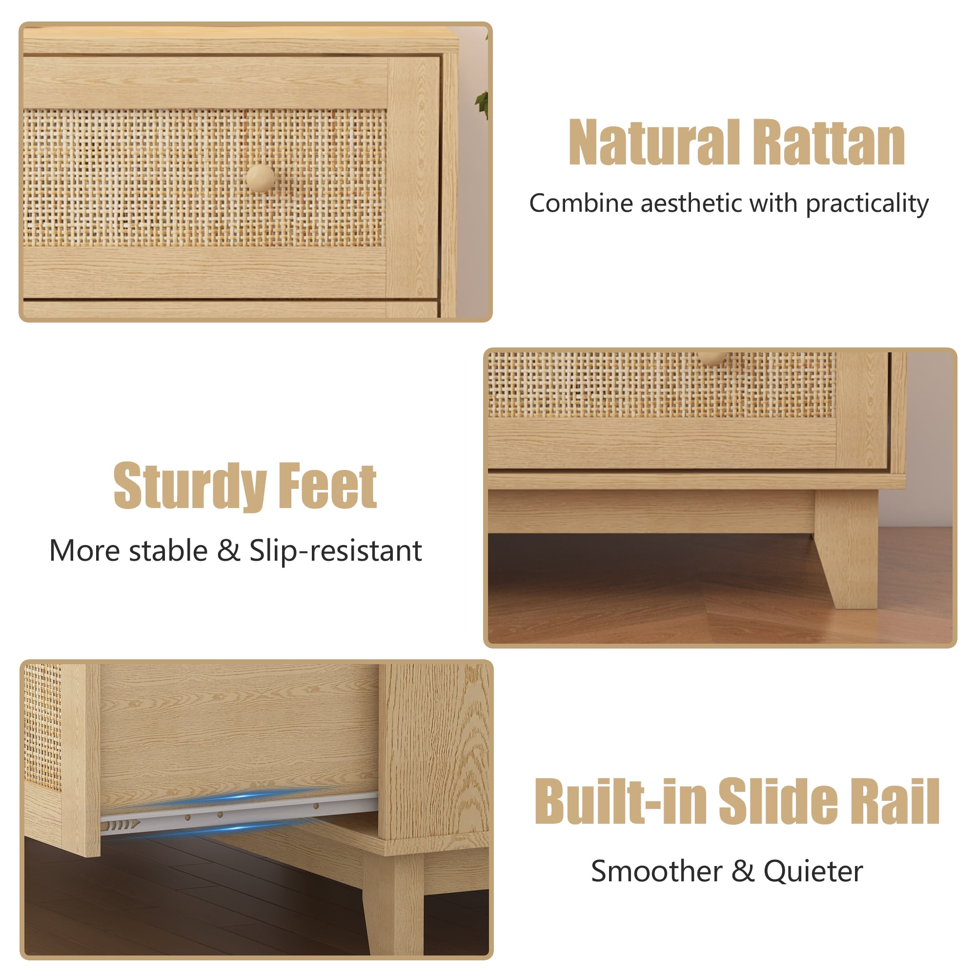 FANRAL 3 Drawers Dresser for Bedroom,Boho Small Natural Rattan Closet Dresser Chest of Drawers,Modern Wood Clothes Storage Organizer with Wooden Feet and Handles for Hallway,Living Room,Entryway