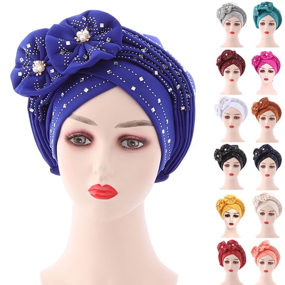 Ludlz Soft African Head Wrap Flower Beanie Cap Headwear Stretch Rhinestones Turban for Women and Girls