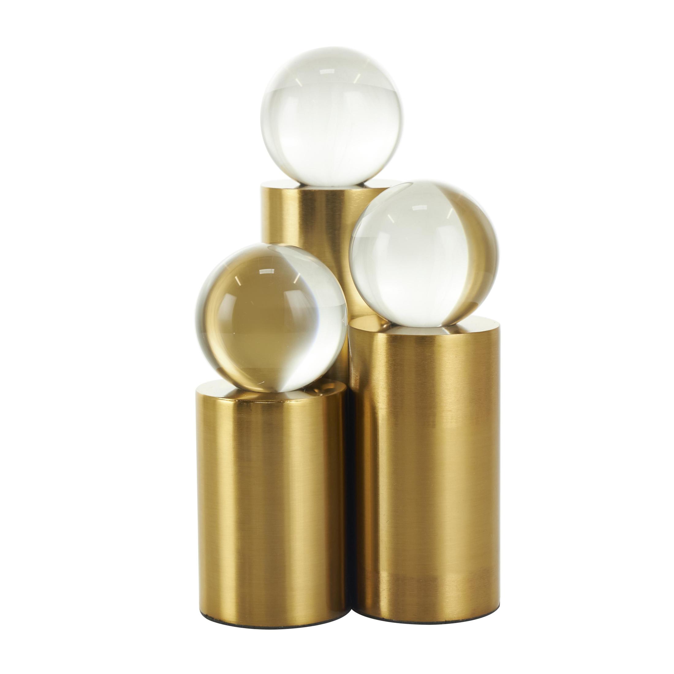 10", 8", 7"H Gold Metal Cylinder Post Geometric Sculpture with Clear Glass Orbs, by DecMode (3 Count)
