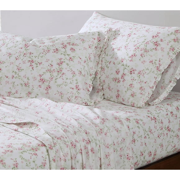 Shabby Chic® - Queen Sheets, Soft &amp; Breathable Organic Cotton Bedding Set, Floral Home Decor with Ruffled Pillowcases (Ella Pink, Queen)