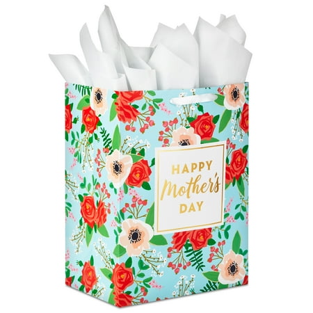 Hallmark 17" Extra Large Mother's Day Gift Bag with Tissue Paper (Red Roses, Green Foliage, Bright Blue) for Mom, Grandma, Nana, New Mother