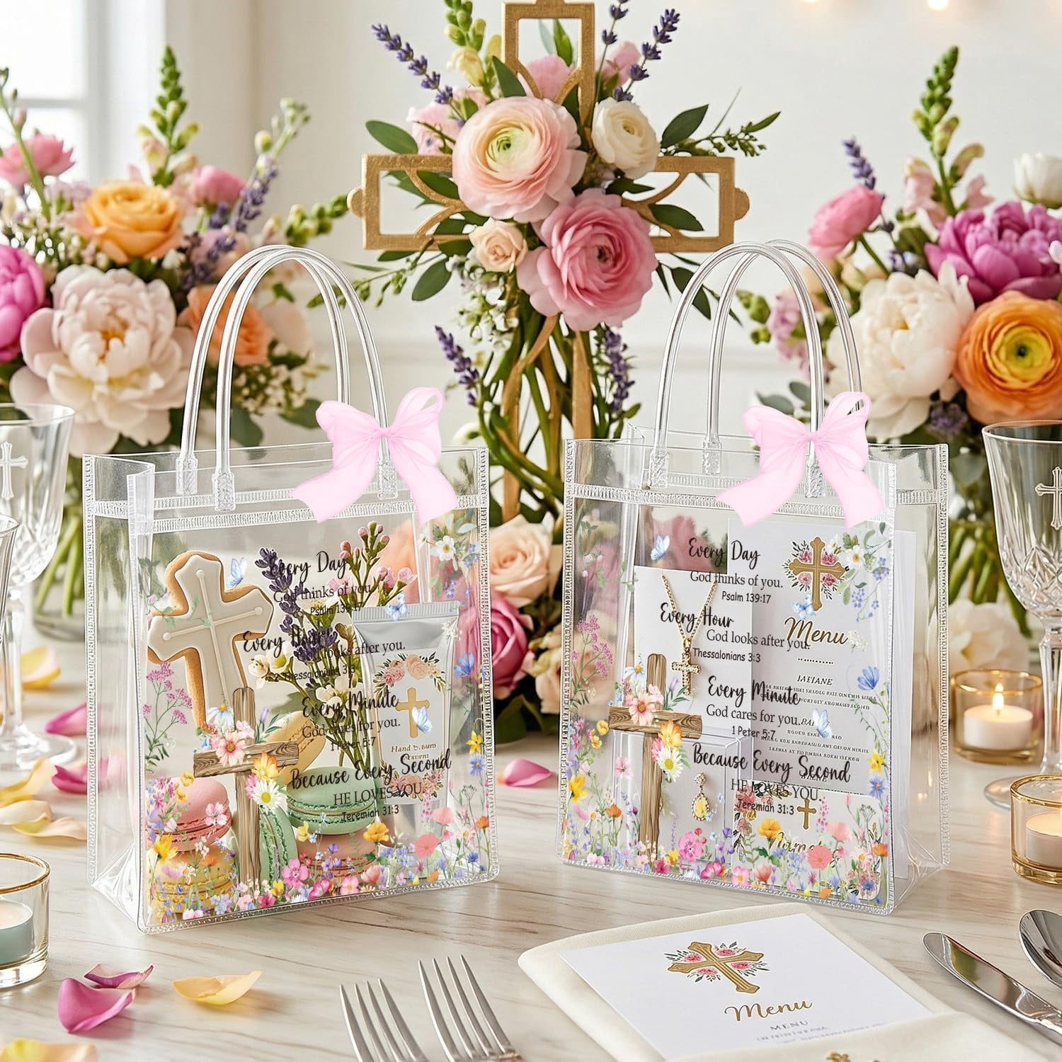 Christian Clear Gift Bags - 20 Pcs Religious Bible Flower Clear PVC Goodie Candy Treat Bags with Handle Inspirational Verse Handbag with Ribbon for Religious Baptism Themed Party Supplies