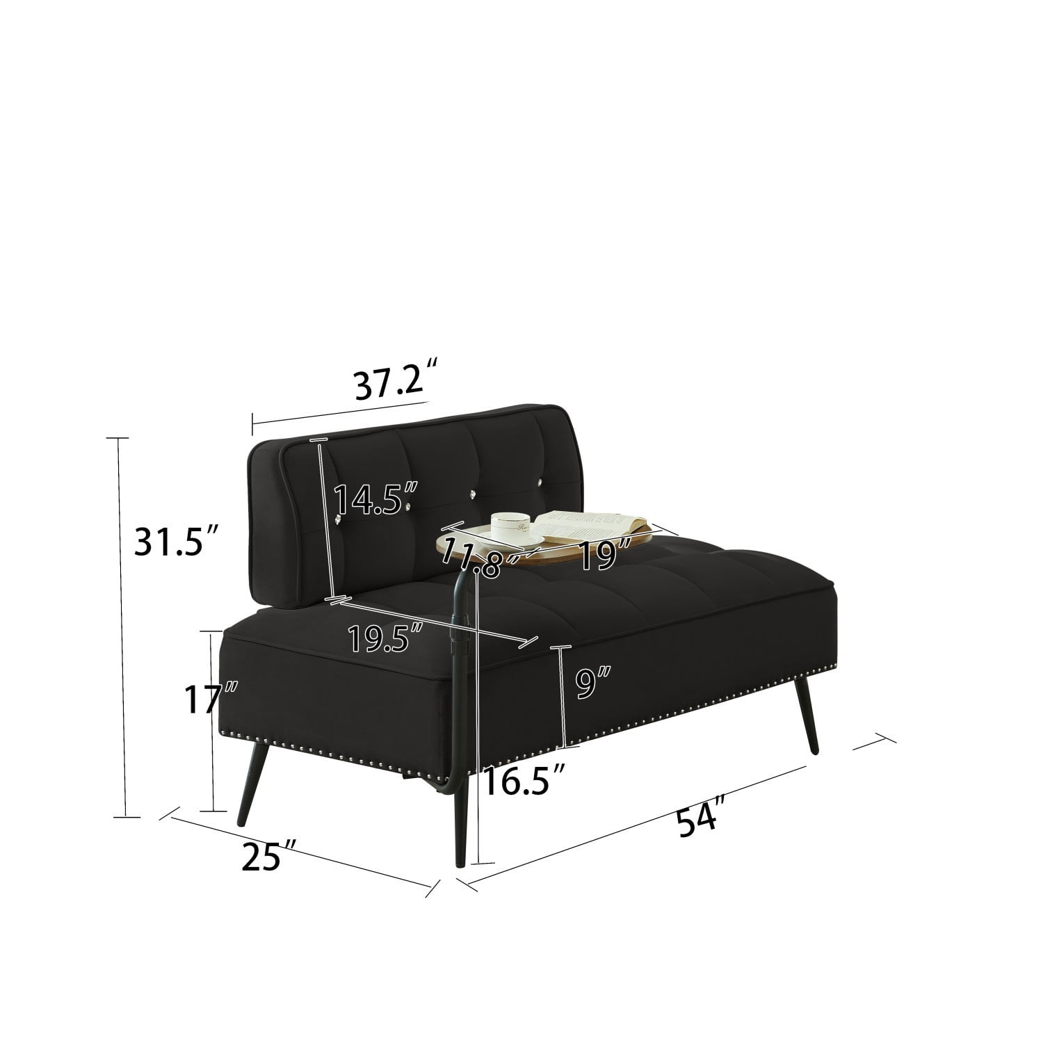 54-Inch Modern 2 Seater Velvet Sofa with 360 Rotating Side Table, Upholstered Couch with Nailhead Trim for Living Room Bedroom Apartment, Black