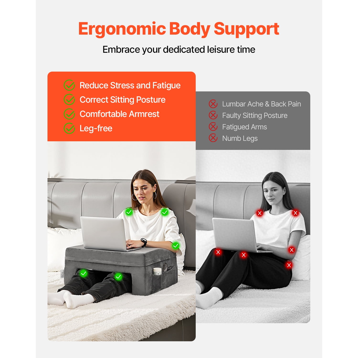 Reading Pillow, Lap Desk Pillow with Washable Cloth, Large Bed Pillow with 2 Pockets and Cup Holder, Memory Foam Bed Rest for Reading, Gaming, Resting, Working, Grey