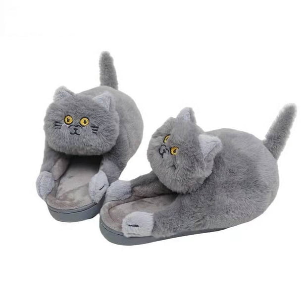 Zapatillas de gato abrazo de peluche para mujer y hombre, toboganes de invierno para el hogar, zapatos de suelo Kawaii, zapatillas peludas, mulas blancas para niña