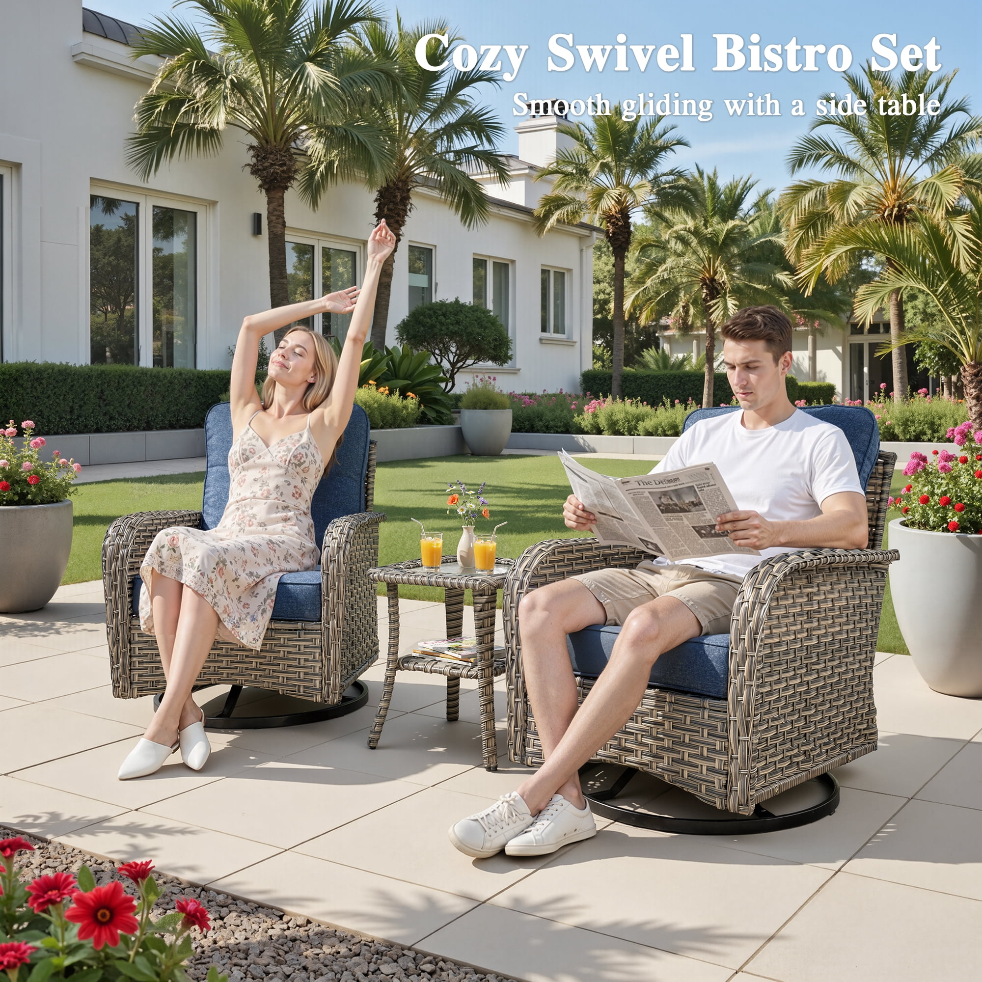 Ovios 9 Pieces Wicker Patio Furniture Sets Outdoor Conversation Sectional Sofa with Swivel Chairs & Fire Pit