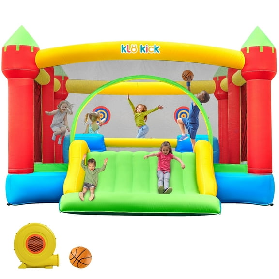 KloKick 15x12 FT Inflatable Bounce House with Slide & Blower, Large Bouncy Castle for 3–10 Year Old Kids, Outdoor Playhouse with Basketball Hoop & Safety Net