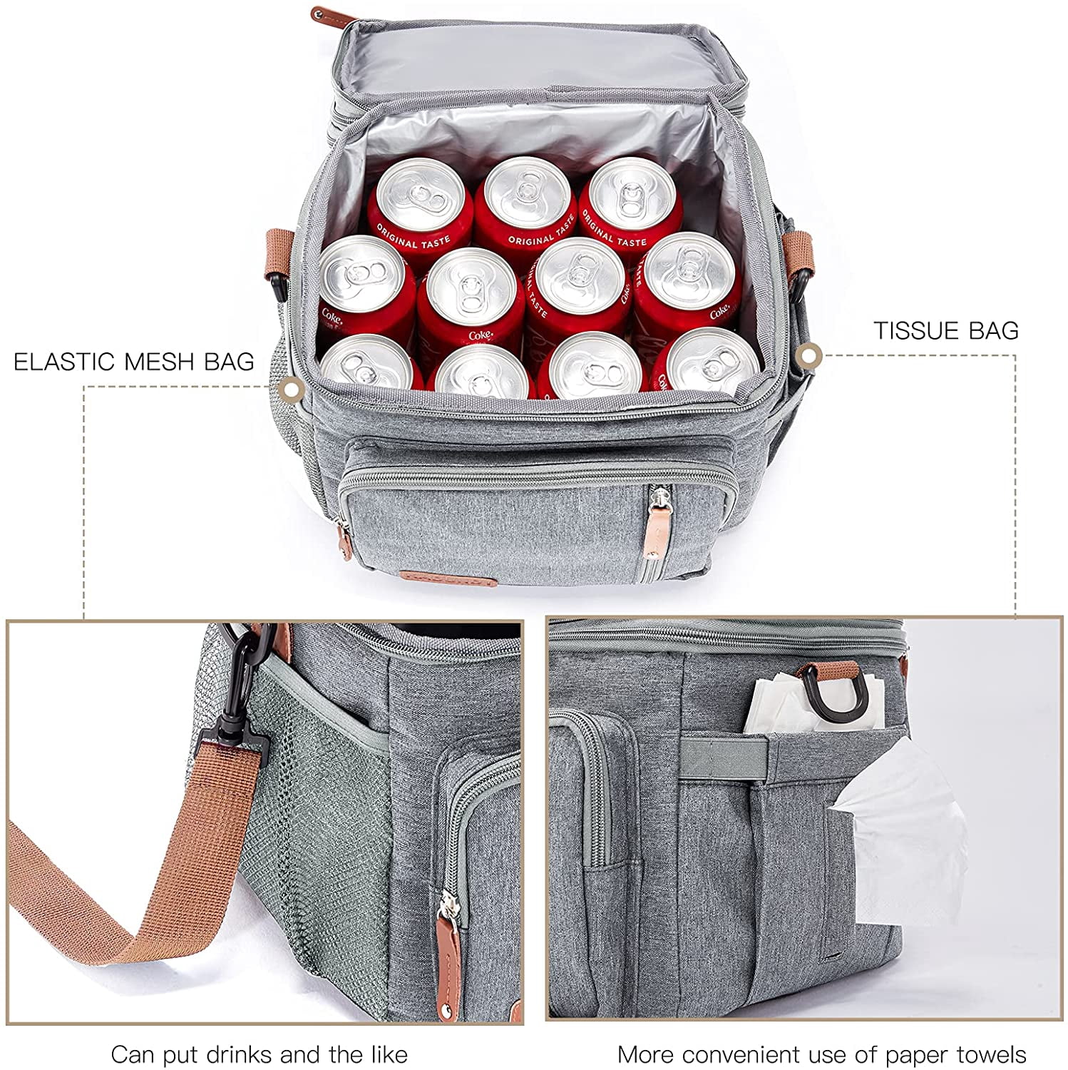 COUTUDI Expandable Insulated Lunch Bag, Waterproof Cooler Bag for Men with Shoulder Strap for Picnic Gray