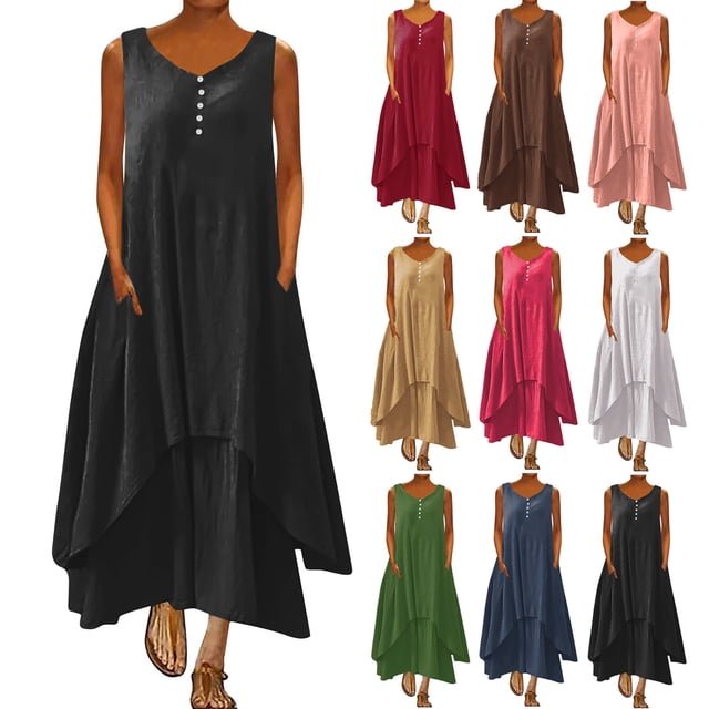 Gspmoly Robe d'Été, Mode Femmes Été Décontractée Unie à Col Rond Sans Manches Gilet Longue Robe Robes de Vacances pour Femmes Offres Prime