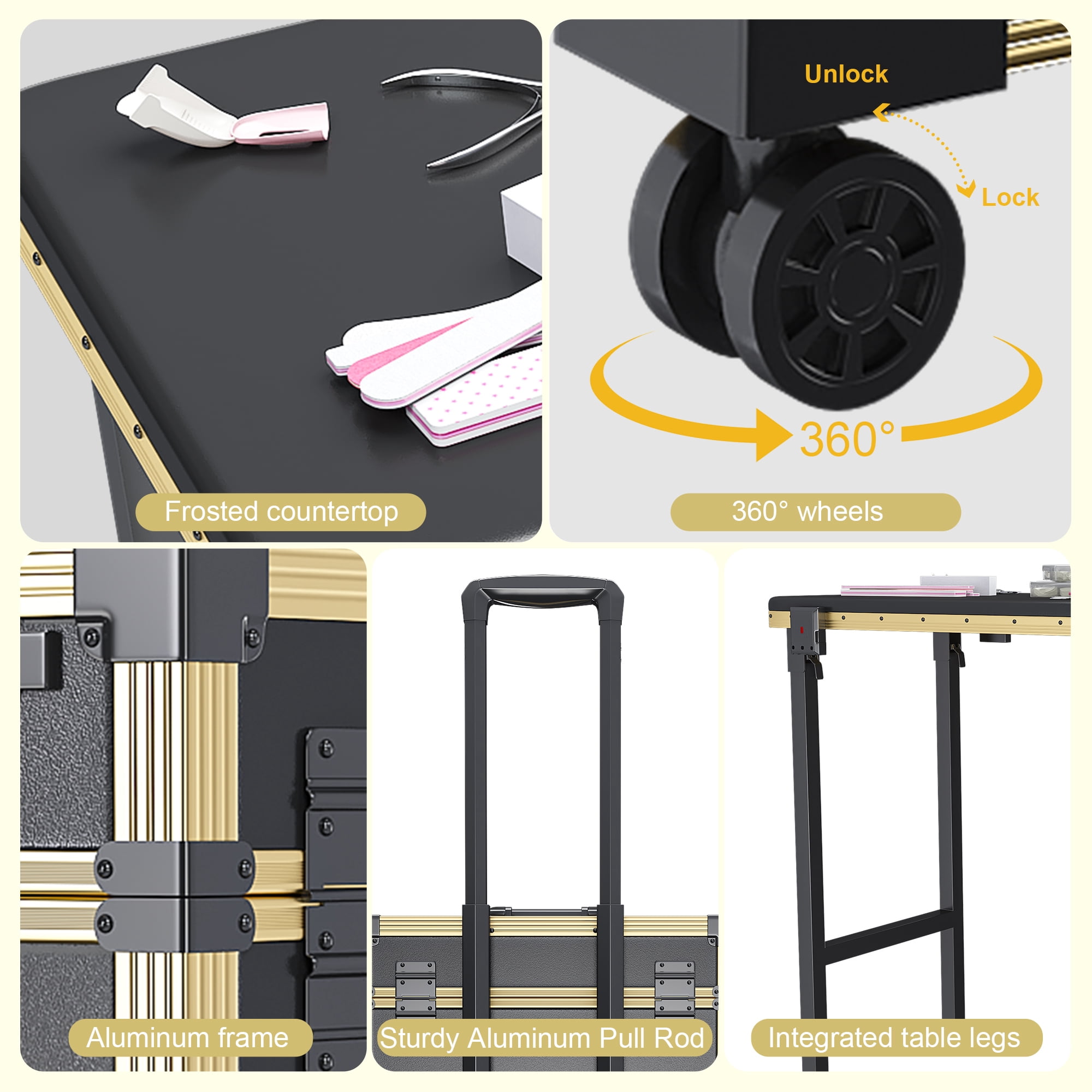 Aukfa Rolling Portable Manicure Table,Folding Nail Table with LED Mirro,Wireless Speaker & Lockable Drawers for Home & Mobile Salon,Black Gold