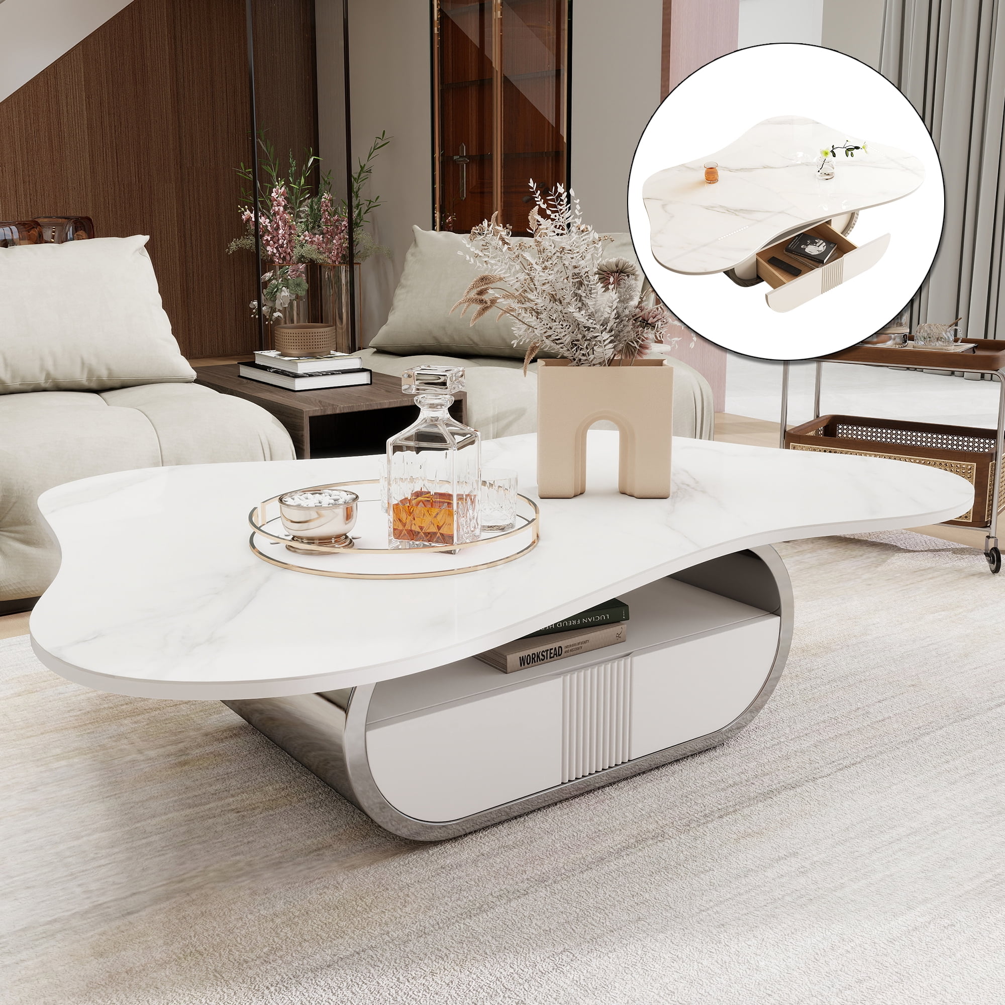 HIUU Cloud Coffee Table with Sintered Stone Top,White Marble Coffee Table with Storage Shelf & Drawer, Stainless Steel Base(Grey+White)