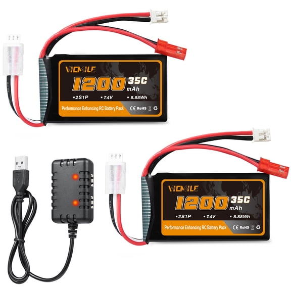 VICMILE 7.4 V 1200mAh Lipo Battery 2S 35C SCX24 with PH2.0 & JST Double Discharge Plug Rechargeable Lithium Battery with 1TO2 USB Charger for WLtoys A949 A959 A969 A979 K929 Most 1/10 1/16 1/18 1/24