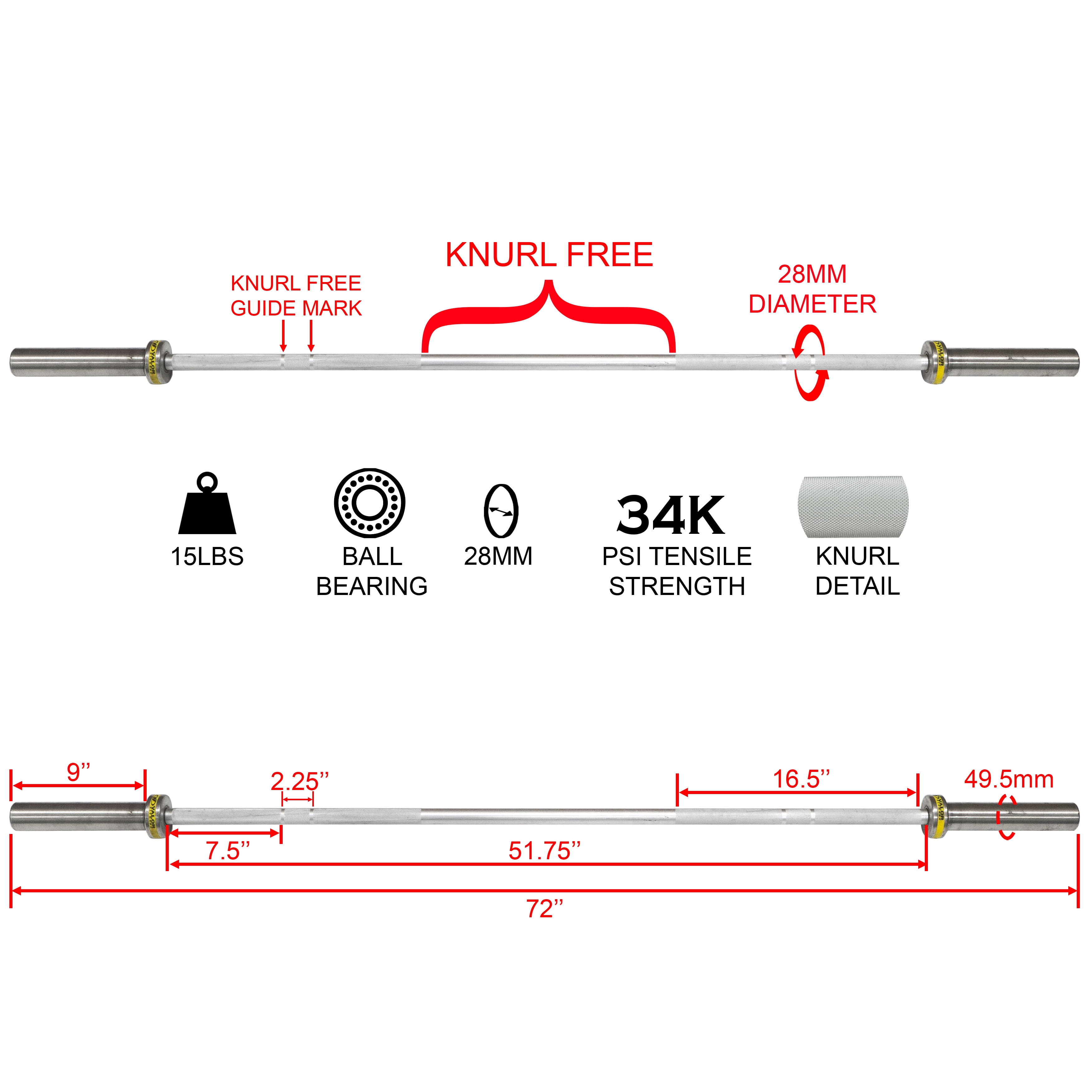 Valor Fitness 72" Aluminum Technique Training Barbell -15 lbs Weightlifting for Kids and New Athletes -OB-72T