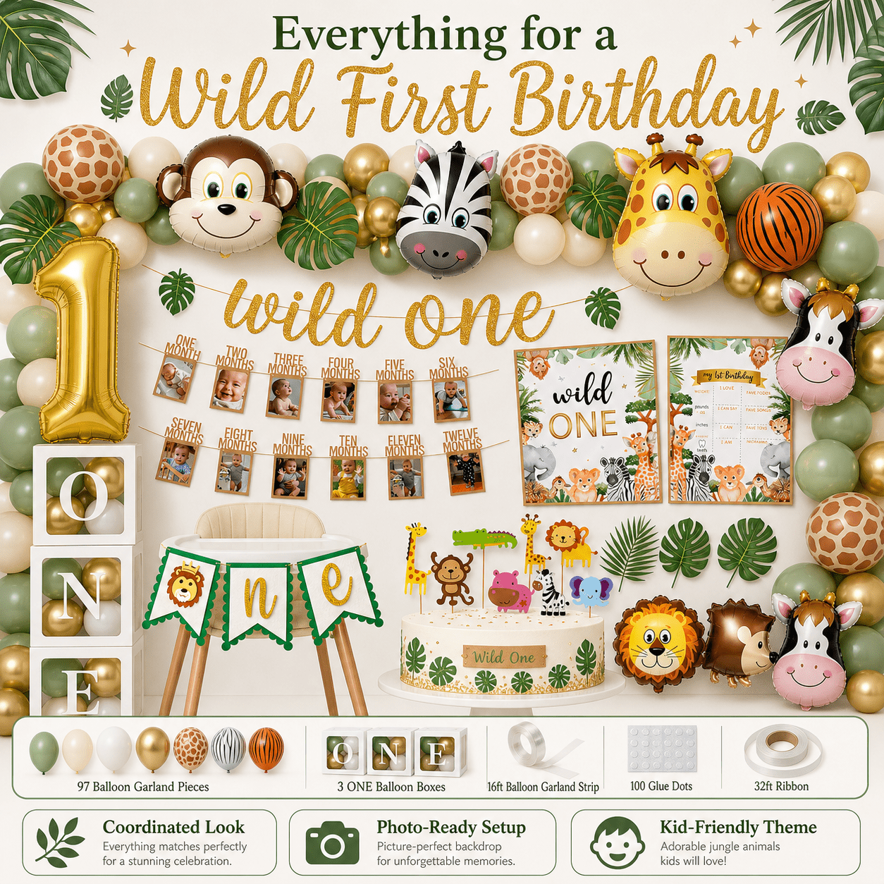 Wild One Birthday Decorations, 1st Birthday Decorations for Boy or Girl, Photo Banner, Balloon Box, Balloons Garland, High Chair Banner, Jungle Theme Safari Party Backdrop for Boys & Girls