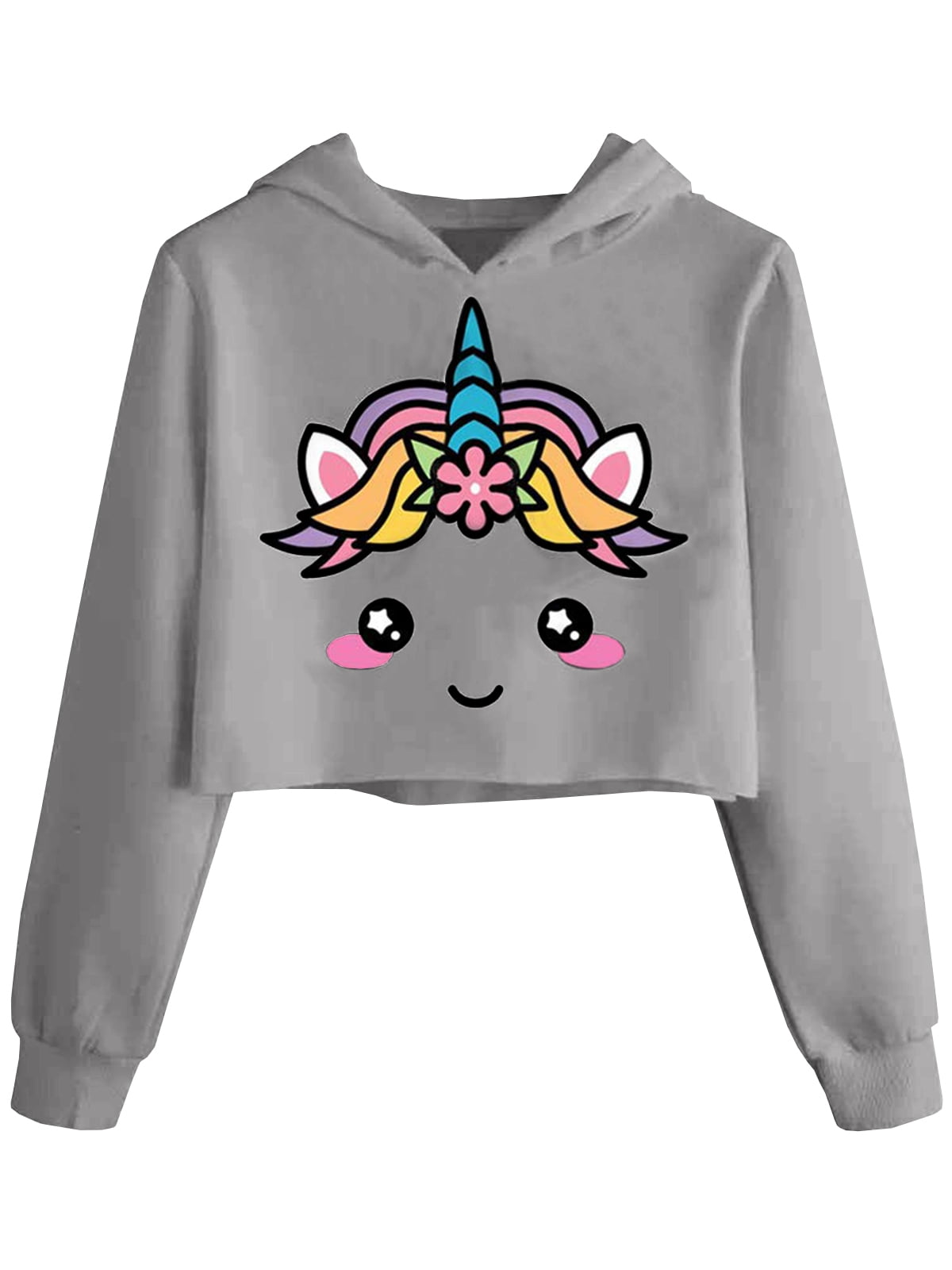 Girls Unicorn Crop Tops Kids Cute Hoodies Long Sleeves Pullover Sweatshirts 