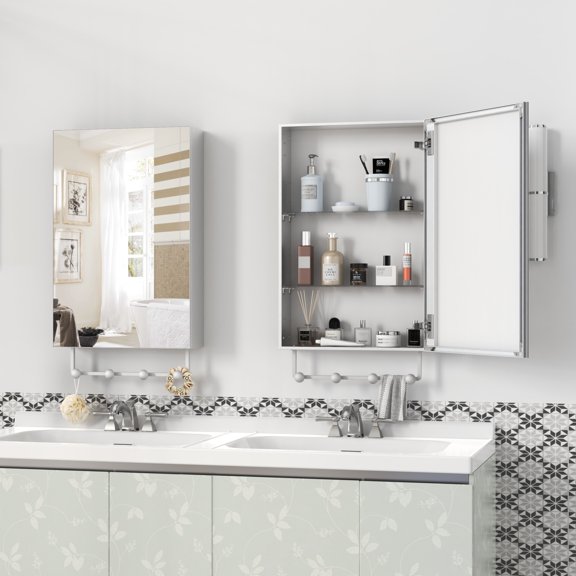 16'' x 24'' Medicine Cabinet with Mirror for Bathroom, Wall Mounted Bathroom Mirror with Storage, Adjustable Shelves, Aluminum Framework, Surface Mount Silver