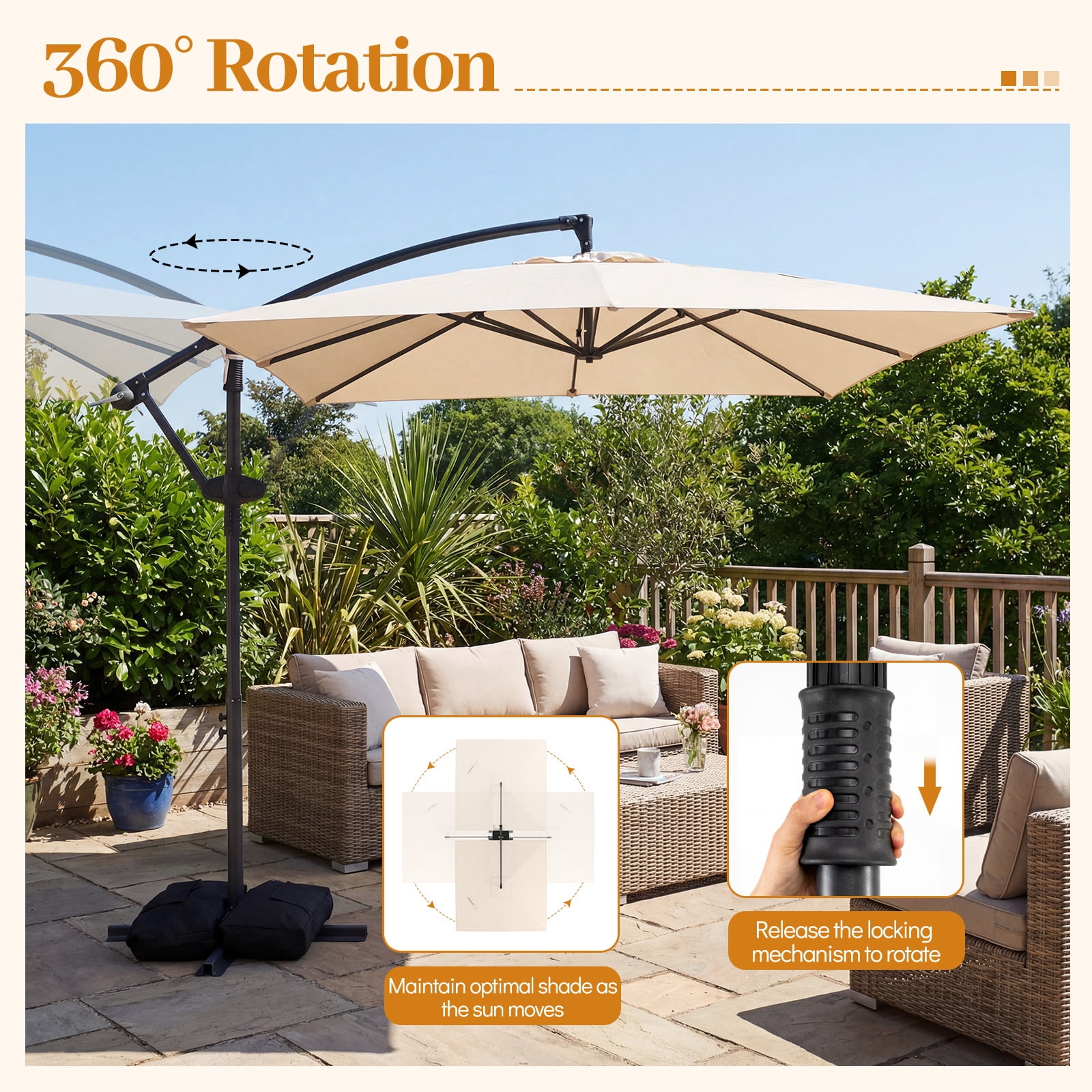 Costway 8 x 8 FT Offset Cantilever Patio Umbrella Square Hanging Outdoor Market Umbrella Beige