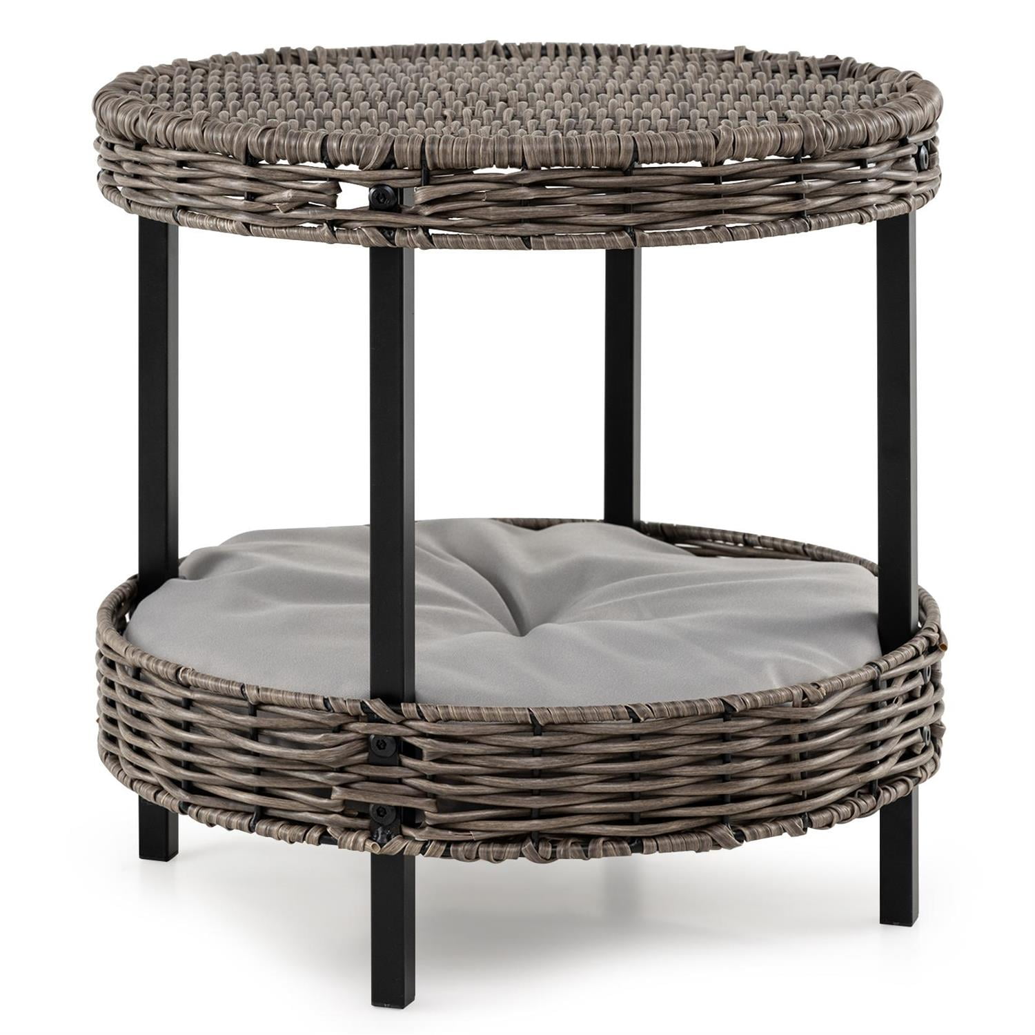 Pefilos 2-Tier Rattan Cat Nest, Removable Padded Cushion, Metal Legs & Ottoman Design, Gray
