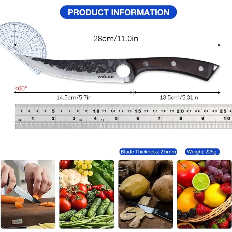 Hand Forged Boning Knife with Brown Wood Handle, High Carbon Steel Butcher Knife with Leather Sheath, Ultra Sharp Full Tang Meat Cleaver for Kitchen & Outdoor Use