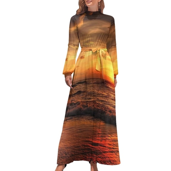 Sunset Colors Dress Abstract Art Print Vintage Graphic Maxi Dress High Waist Long-Sleeve Streetwear Boho Beach Long Dresses