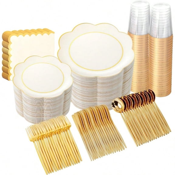 350PCS Ivory Plastic Plates for Party Plates Disposable Heavy Duty Ivory Gold Plastic Dinnerware Set for 50 Guests - 100 Disposable Plate,150 Silverware,50 Cup,50 Wedding Napkins for Wedding