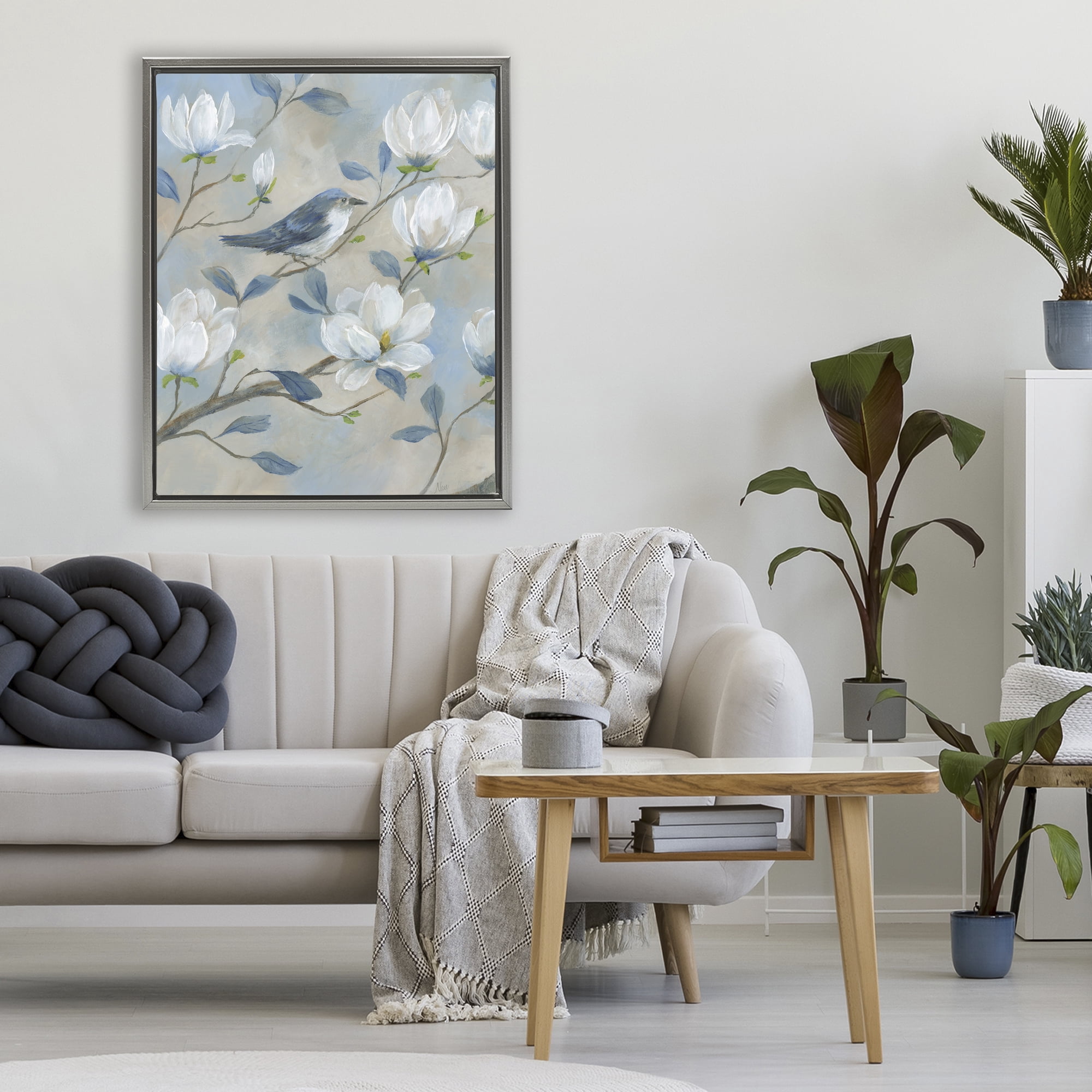 Stupell Industries Blue Bird & Magnolia Gray Framed Floater Canvas Wall Art, design by Nan