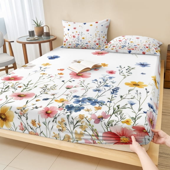 King Size Fitted Sheet Set - Blue Flowers 3 Piece Bedding Sets 16" Deep Pocket Fitted Sheet with 2 Pillowcases, Pink Watercolor Botanical Garden Floral Brushed Microfiber Hotel Luxury Bed Sheets