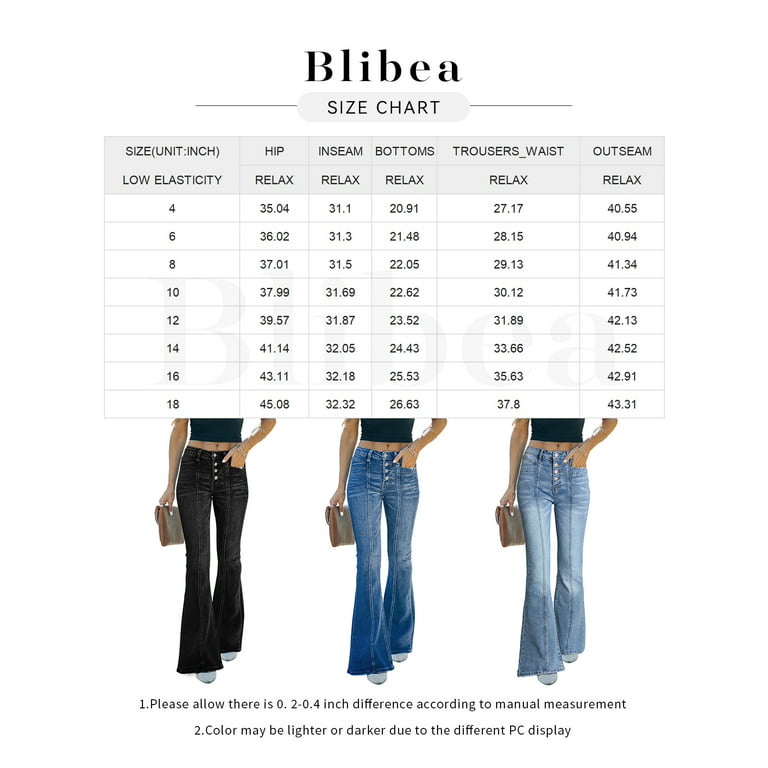 Blibea Black Bell Bottom Jeans for Women High Waist Button Closure Wide Leg  Denim Pants Size 14 
