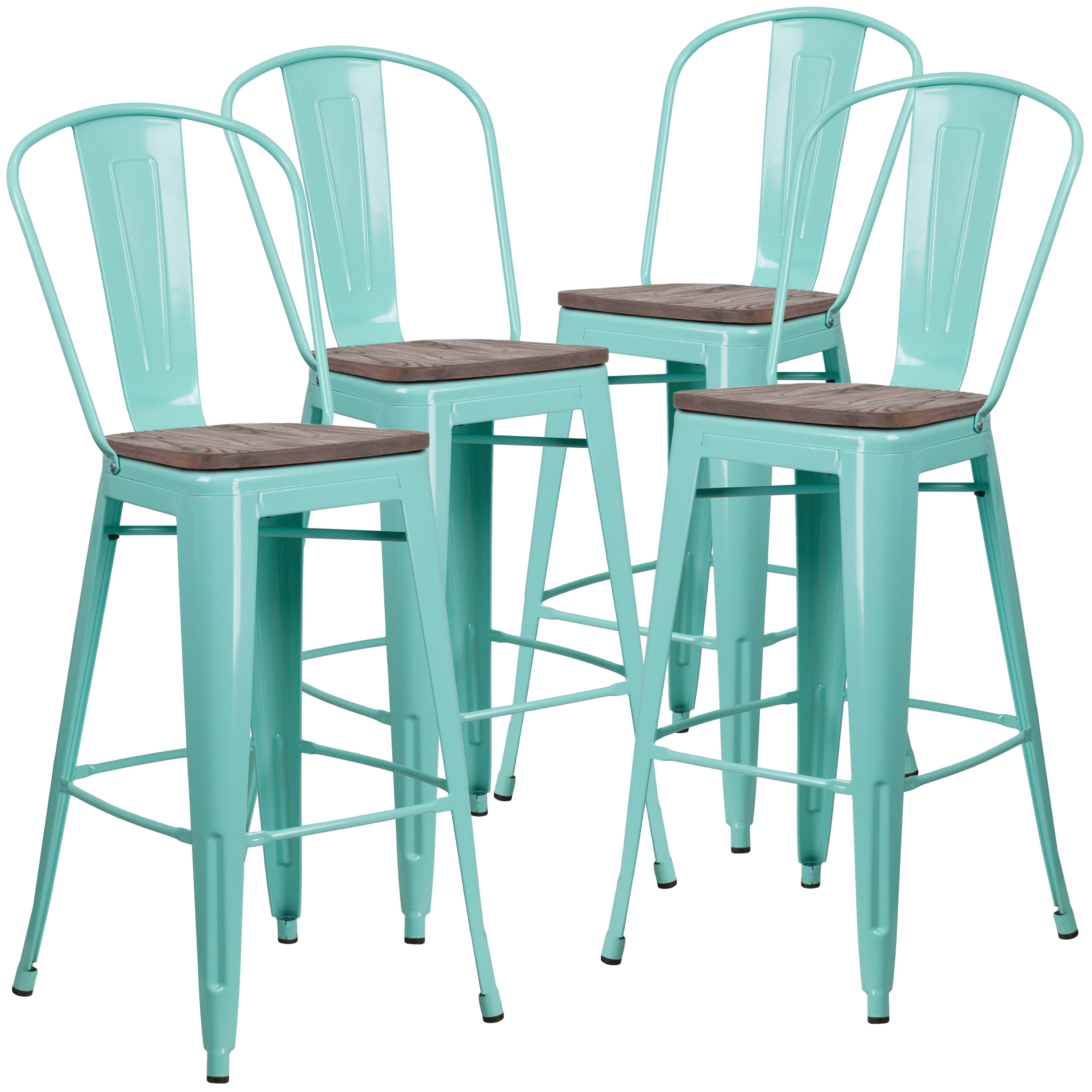 Flash Furniture 4 Pk. 30" High Mint Green Metal Barstool with Back and Wood Seat