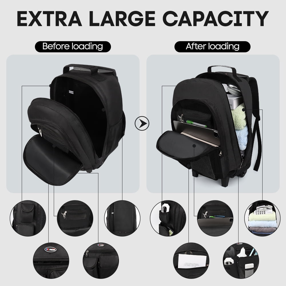 20" Rolling Backpack for Women Men, 2 in 1 Carry-on Travel Backpack with Wheels & Handle for Work, Weekend, School, Short Trips, Black - JH2560